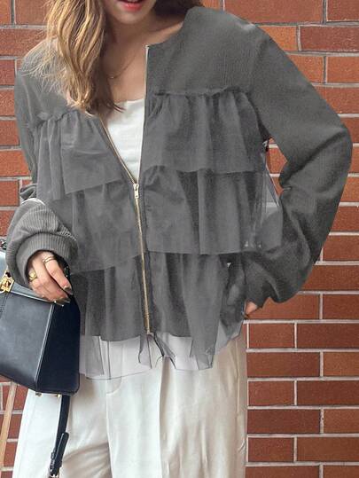 FRIFUL 女式圆领金属拉链装饰宽松多层网眼荷叶边拼接纯色修身宽松长袖 T 恤，万圣节服装，秋季