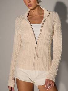 Avantive 学院风休闲舒适，居家出门穿杏色长袖扭纹拉链开衫针织外套女毛衣麻花针织衫拉链毛衣 - 杏色 - 查看 1