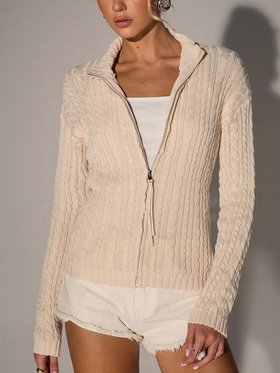 Avantive 学院风休闲舒适，居家出门穿杏色长袖扭纹拉链开衫针织外套女毛衣麻花针织衫拉链毛衣 - 杏色 - 查看 1