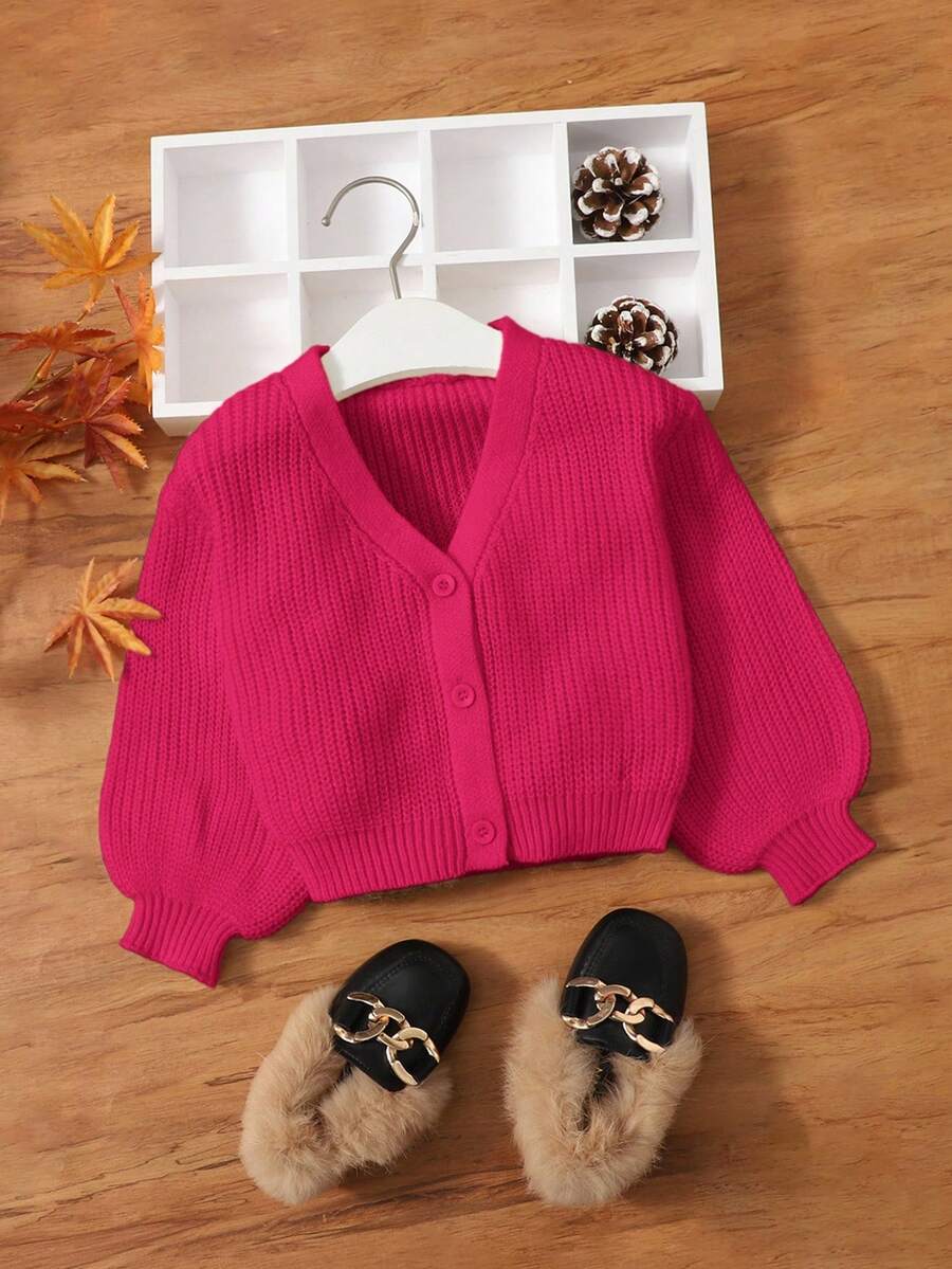 SHEIN 休闲纯色长袖纽扣前开衫女婴秋冬装 - 玫紅色 - 查看 1