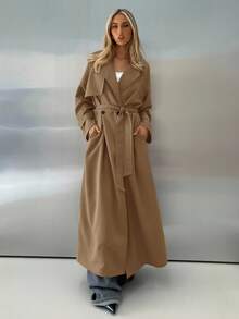 Aloruh 女式休闲纯色长袖风衣，秋冬 - 駝色 - 查看 4