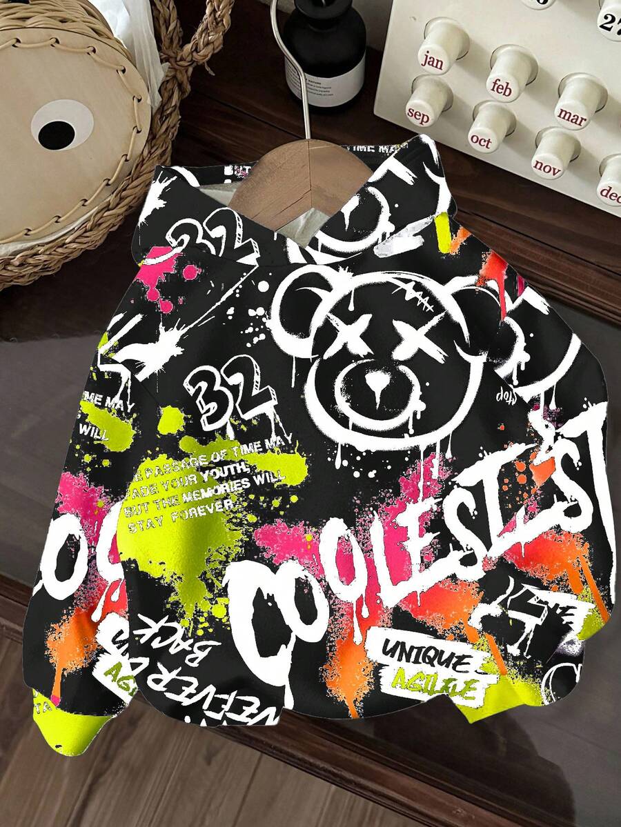 SHEIN Áo nỉ dài tay dáng rộng thoải mái, họa tiết gấu hoạt hình tối giản, thích hợp cho bé trai mùa thu/đông, kiểu dáng Y2K, quần áo trẻ em nam, áo nỉ cá tính cho bé trai. - Nhiều màu - Xem 1