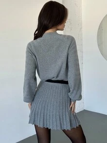 Firerie 女士灰色高领长袖上衣和喇叭迷你裙毛衣套装，温柔优雅年轻毛衣套装，春秋冬装，通勤，优雅，休闲日常，工作装 - 灰色 - 查看 8