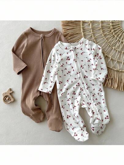 Loomiva Newborn Baby Boy/Girl Floral Print Solid Color Soft Knit Crew Neck Long Sleeve Jumpsuit 2 Pieces Set Fall Winter