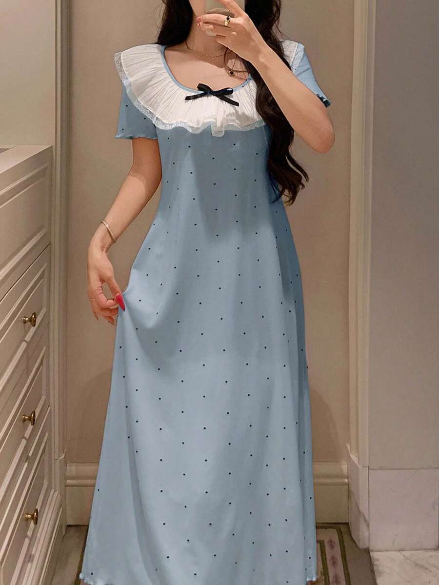 DAZY Váy ngủ rộng rãi họa tiết chấm bi màu tương phản mùa hè cho nữ - Màu xanh nhạt - Xem 1