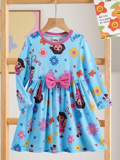 DORA | SHEIN Young Girl Cartoon Figure Graphic Round Neck Raglan Long Sleeve Bow Knit Blue Dress