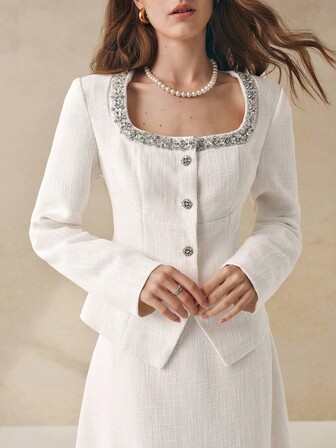 Cévolie Damset med fransk elegant pärldekor, fyrkantig krage och A-linjeformad maxikjol, höst/vinter