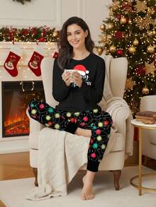SHEIN LUNE Weihnachtsbeleuchtung bedruckter Familien-Weihnachts-Pyjama-Set 2 Teile Hauskleidung Nachtwäsche für Erwachsene, Kinder und Babys Weihnachtsferien-Party Familienzusammenkunft Langarm Weihnachtsmütze bedrucktes T-Shirt Oberteil und bedruckte Hose Set