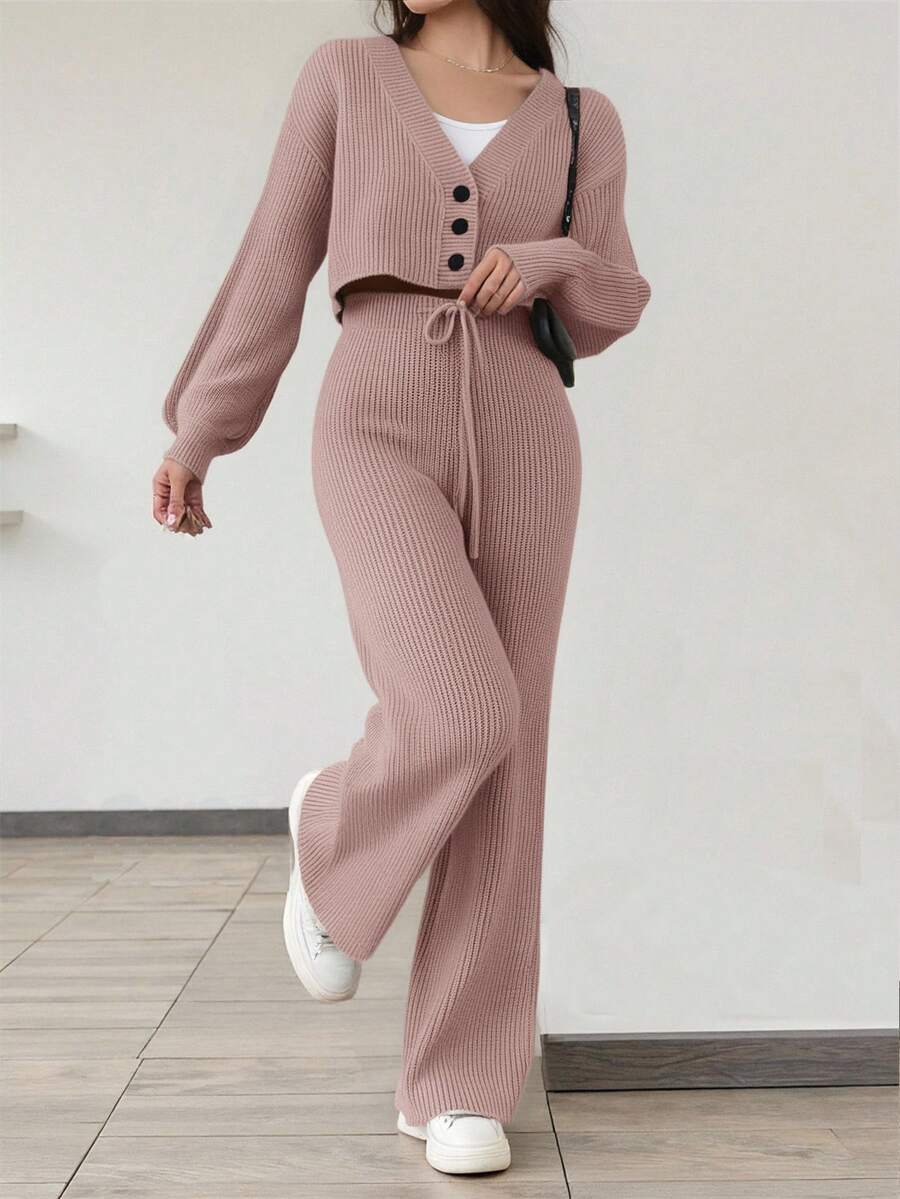 SHEIN Teen Girls 2pcs/Set V-Neck Button Front Top And Knitted Pants Casual Versatile Sweater Outfit Autumn Winter Clothes For Women