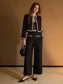 MOTF PREMIUM TWEED FAUX PEARL DETAIL PRESS CREASE WIDE LEG SUIT PANTS - Black - View 1