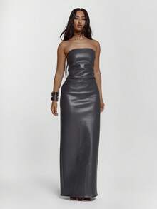 MUSERA Đầm maxi giả da không dây, xẻ lưng, gợi cảm, thích hợp đi chơi đêm, phong cách đường phố dễ thương, đầm dài thanh lịch dự tiệc, tốt nghiệp, dạ hội. - màu đen - Xem 5