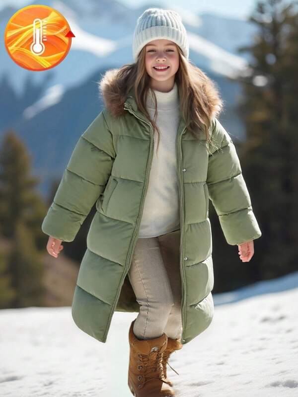 SHEIN Tween Girls Casual Fashionable Military Green Fur Collar Long Zipper Button Comfortable Outdoor Ski Elegant Padded Coat Fall Winter