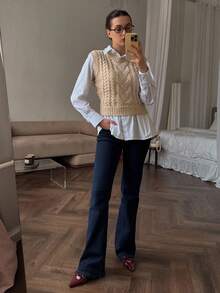 DAZY Chaleco de punto de cuello redondo casual para mujer, otoño/invierno - Caqui - Ver 3