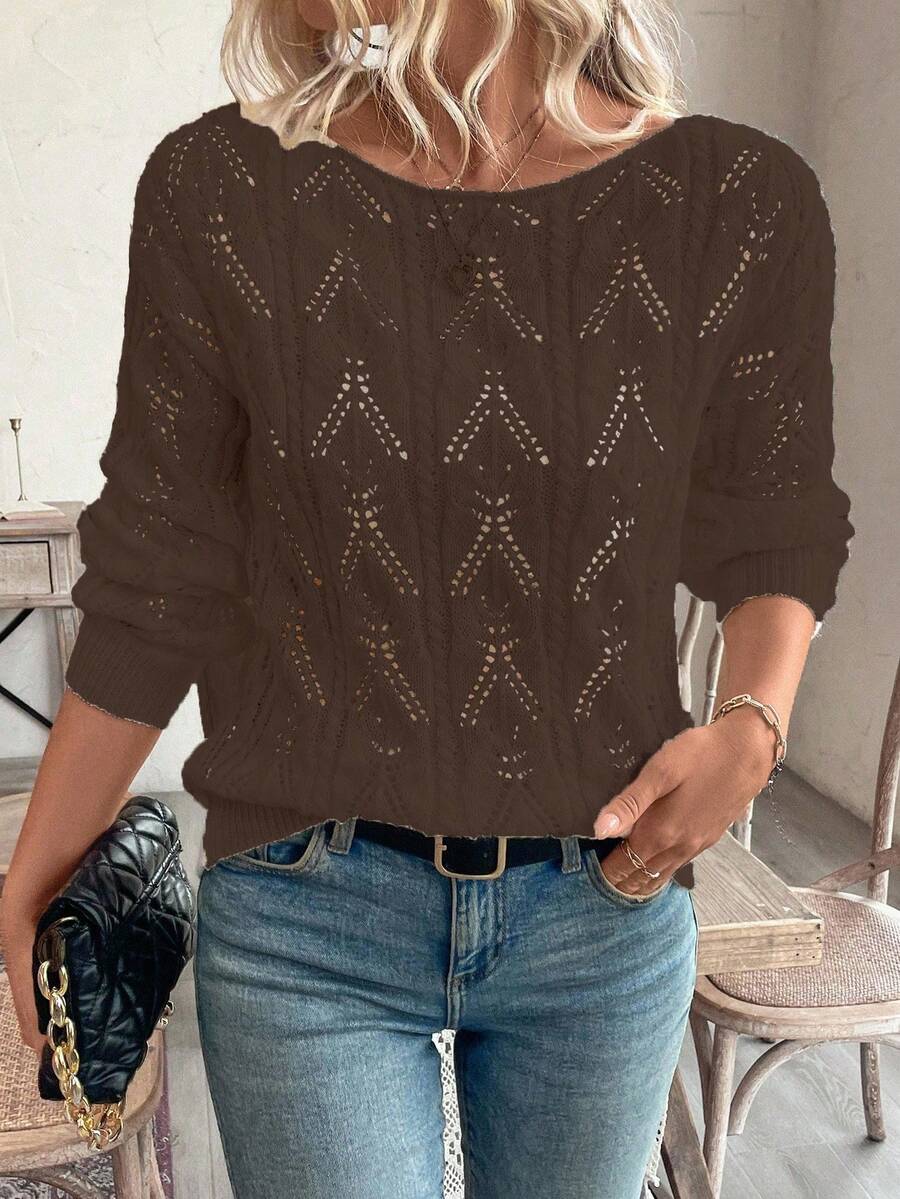 SHEIN LUNE Vacation Style Casual Hollow Floral Pattern Off Shoulder Loose Fit Pullover Sweater - Mocha Brown - View 1