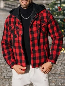 Manfinity CasualCool 男士休闲格子拉链抽绳连帽夹克，秋季格子法兰绒男士衬衫，男士法兰绒格子夹克，男士街头服饰，男士衬衫，圣诞节服装 - 彩色 - 查看 6
