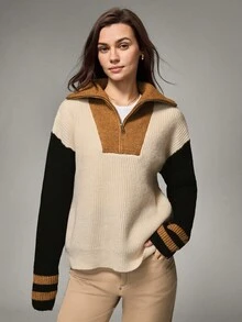 SHEIN Women's Contrast Color Drop Shoulder Long Sleeve Zip-Up Casual Loose Sweater, Autumn/Winter - Multicolor - View 1