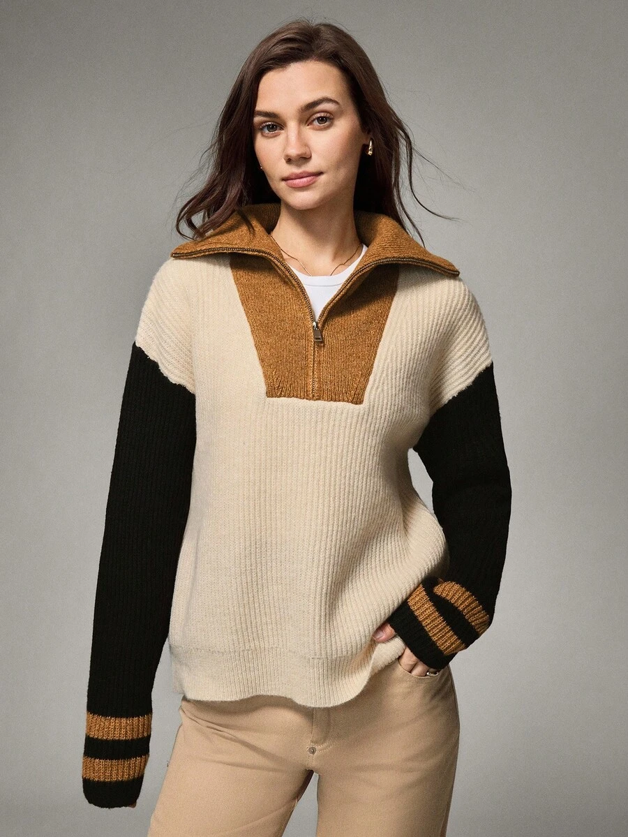 SHEIN Women's Contrast Color Drop Shoulder Long Sleeve Zip-Up Casual Loose Sweater, Autumn/Winter - Multicolor - View 1