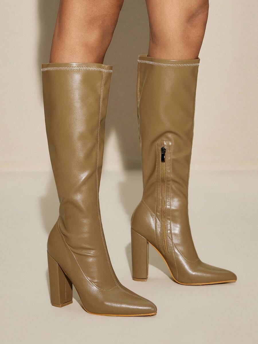 Daringsoles 尖头粗高跟秋冬靴，弹力紧身黑色侧拉链性感女式过膝皮靴 - 駝色 - 查看 1