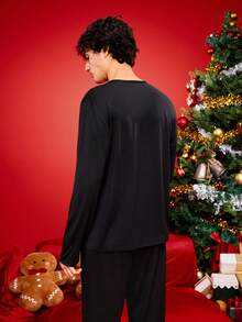 Christmas Funny Printed Family Matching Pajamas Set, Featuring Christmas Tree, Santa Claus, Snowflake, Bell, Reindeer, Game Console Top, Comfortable Homewear Long Sleeve Top, Winter - Black - View 2