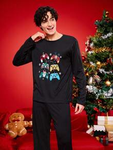 Christmas Funny Printed Family Matching Pajamas Set, Featuring Christmas Tree, Santa Claus, Snowflake, Bell, Reindeer, Game Console Top, Comfortable Homewear Long Sleeve Top, Winter - Black - View 4