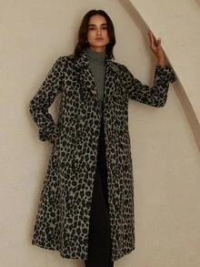 GENKIRA Elegant European & American Style Black & White Leopard Print Double-Breasted Tie-Up Design Long Overcoat, Autumn/Winter New Arrival - Multicolor - View 5