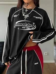 Coolane Women's Fall Streetwear Sport Game Day Casual Graphics Contrast Trim Black Letter Print Long Sleeve T-Shirt - Black - View 3