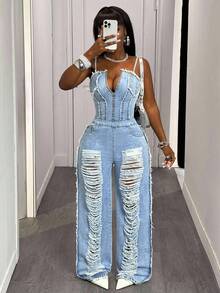 SHEIN SXY Damen Jumpsuit in Große Größen, Modischer Lässig-Stil mit Perlen besetzt und Destroyed-Effekt - Helle Waschung - Übersicht 1