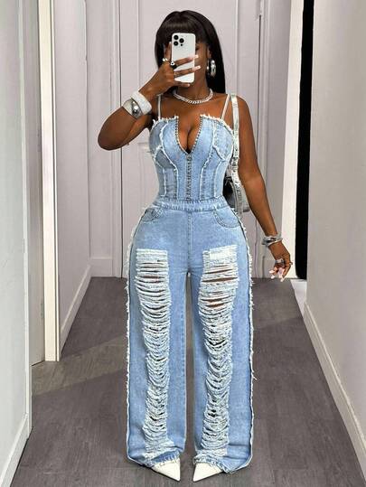 SHEIN SXY 大码女式时尚休闲珍珠铆钉做旧牛仔连体裤