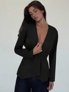 Aloruh 秋冬女士时尚纯色深V领西装外套 - 黑色 - 查看 4