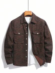 Manfinity Homme Men Casual Fashion Street Zebra Print Flap Pocket Denim Jacket, Fall - Coffee Brown - View 1