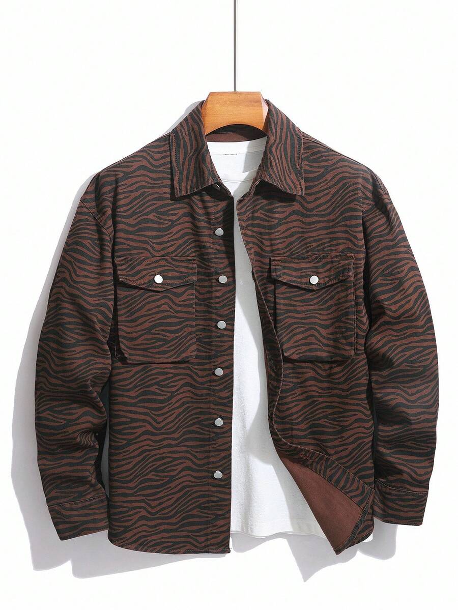 Manfinity Homme Men Casual Fashion Street Zebra Print Flap Pocket Denim Jacket, Fall - Coffee Brown - View 1