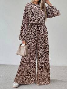 EMERY ROSE 2pcs Women Casual Leopard Print Loose Flare Sleeve Top And Wide Leg Pants Set, Autumn - Pink - View 1