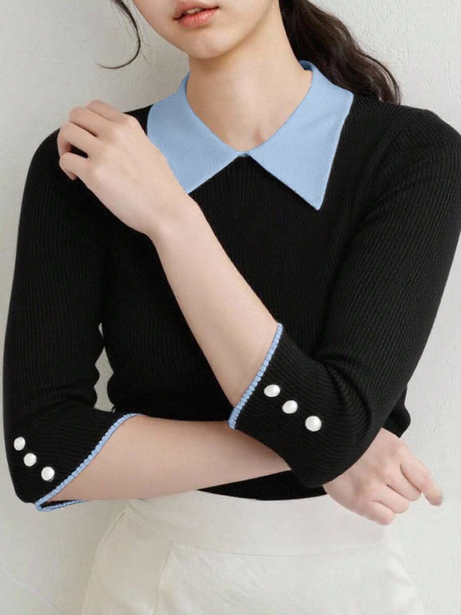 FRIFUL Women's Contrast Ribbed Pearl Button Embellished Knit Top - Blue - View 1