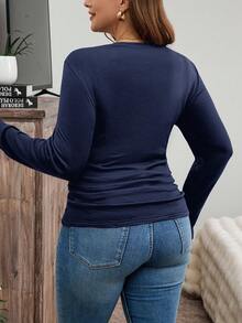 SHEIN LUNE 冬季加厚圆领修身长袖保暖T恤，休闲日常假日穿着 - 藏蓝色 - 查看 2