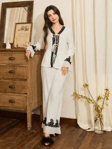 Côtesoire French Elegant Lace Knitted Ribbed Women Pajama Set, Fall Clothes - White - View 3