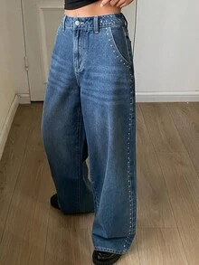 DAZY Women's Distressed Washed Rivet Decor Straight Leg Casual Jeans, Street Style, Autumn/Winter