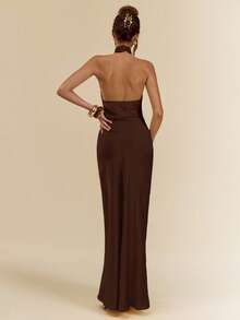 SHEIN BAE Vestido de satén amarillo sólido con escote halter y espalda descubierta, estilo minimalista y sexy, adecuado para fiestas, cócteles, ocasiones formales, dama de honor, cumpleaños, primavera/verano