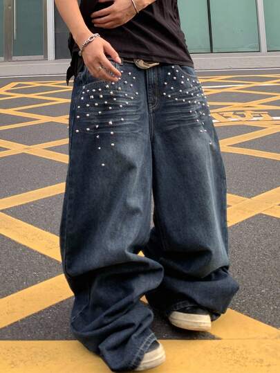Street Life Jeans anchos y sueltos de moda casual y estilo callejero con decoración de remaches para hombres, sin cinturón incluido