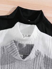 SHEIN 3 件套儿童/青少年男童舒适百搭拉绒高领长袖 T 恤套装，黑色、白色、灰色，适合上学、外出、秋季服装、秋冬 - 彩色 - 查看 2