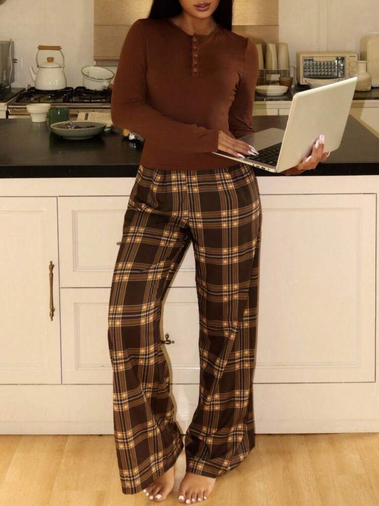 Lowkey Lull Women's Retro Casual INS Plaid Print & Comfortable Button Lounge Set Brown Lounge Sets For Women Casual Two Pieces Set, Cozy Outfit, Fall Winter Clothes Plaid Pants - Brown - View 4