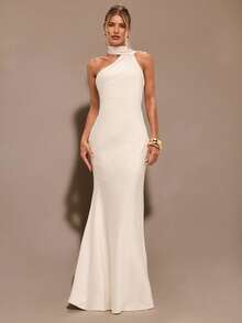 SHEIN BAE 杏色性感极简缎面不对称单肩镂空露背系带连衣裙，适合派对、酒会、正式场合、伴娘服、生日迷你连衣裙 - 杏色 - 查看 4