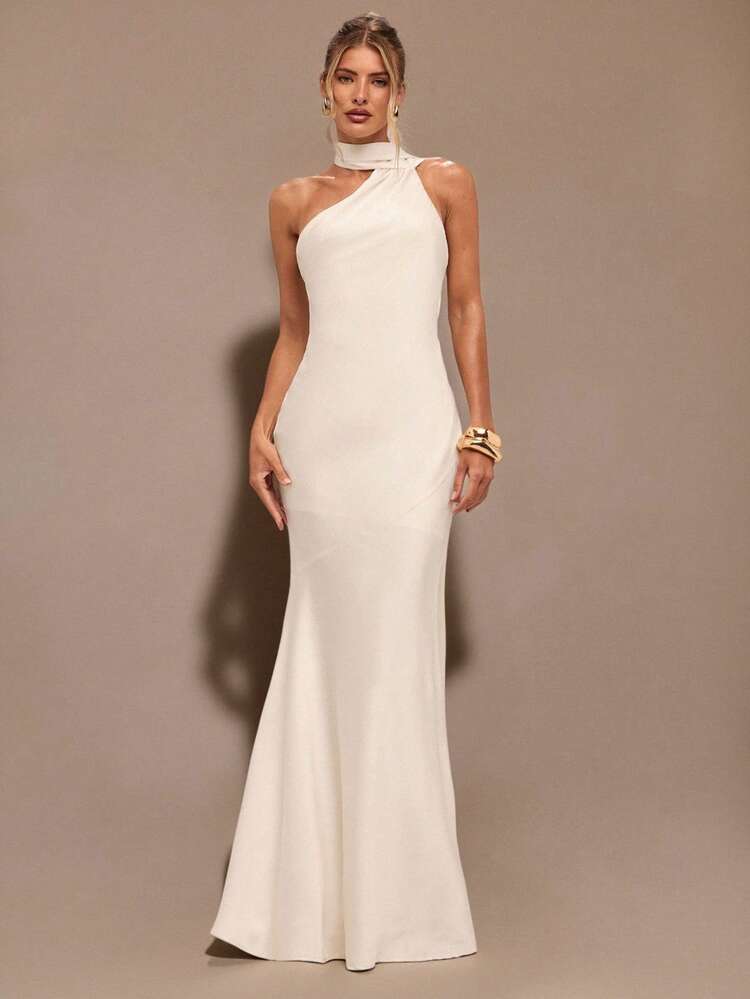 SHEIN BAE Vestido Assimétrico de Ombro Único Sexy e Minimalista de Cetim Cor de Damasco, com Costas Vazadas e Amarração, Adequado para Festa, Festa de Coquetel, Ocasiões Formais, Vestido de Dama de Honra, Mini Vestido de Aniversário - Damasco - Visão 4