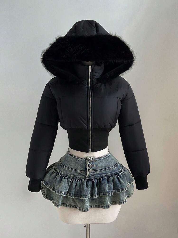Elamini Abrigo corto acolchado con capucha de piel, cuello alto, manga larga y cintura ceñida, en estilo vintage de retazos en color albaricoque, adecuado para otoño/invierno - Negro - Añade 4