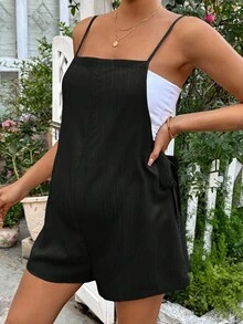 SHEIN 孕妇纯色休闲假日侧系带连体裤，黑色连体衣