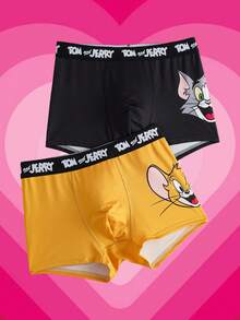 TOM & JERRY X SHEIN 2 件男士舒适字母胶带和可爱卡通印花内裤，基本款休闲 - 棕色 - 查看 6