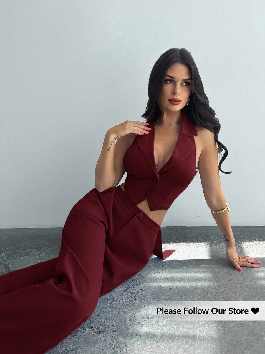 Firerie 女士优雅浪漫时尚通勤性感优雅风格露背两件套酒红色，适合派对、海滩度假、返校、浪漫约会、婚礼季、生日、复活节 - 酒紅色 - 查看 1