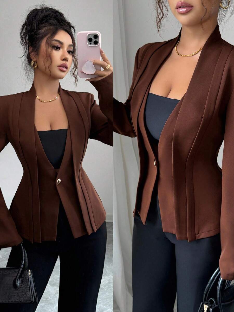 SHEIN Elenzya 女士优雅浪漫法式褶皱 V 领收腰喇叭下摆夹克，适合通勤、度假、下午茶、春秋季 - 棕色 - 查看 1