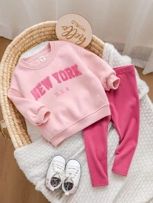 SHEIN Babygirl Casual Graphic Letter Print Sweatshirt Set, Autumn/Winter - Pink - View 6