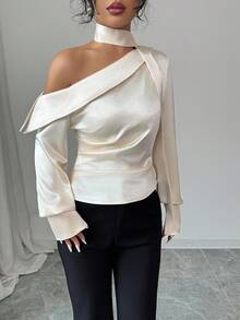 Modelyn 女士秋季梭织亮面长袖褶皱优雅衬衫，适合约会和外出 - 杏色 - 查看 5