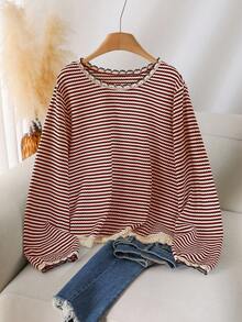 SHEIN CURVE+ Plus Size Women Crew Neck Striped T-Shirt With Tassel Hem Design, Casual All-Match Versatile Tee - Burgundy - View 4